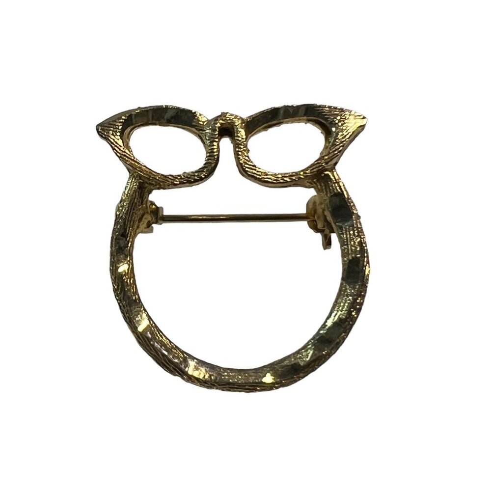 Vintage Owl Brooch Gold Tone Brush Laser Cut Glasses Pin‎